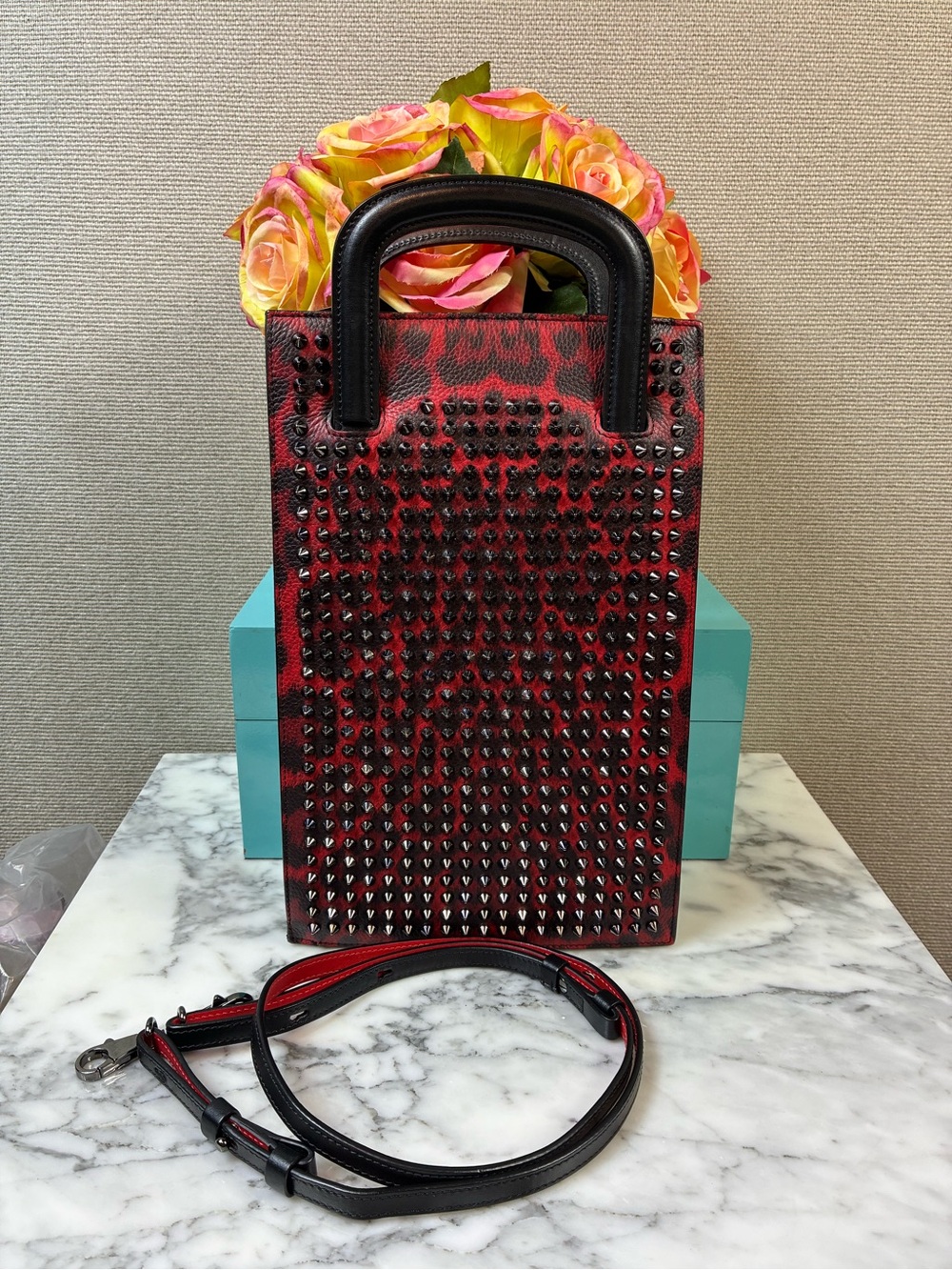 Christian Louboutin Red & Black Leopard Print Leather Trictrac Portfolio Bag